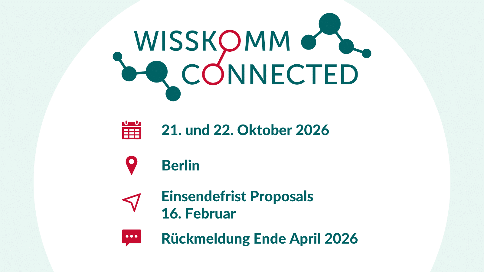 Wisskomm Connected, 21. und 22. Oktober 2026, Berlin, Einsendefrist Proposals: 16. Februar, Rückmeldung Ende April 2026.